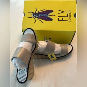 NIB Fly London 40 Silver Leather Sandals;Never worn from a smoke free home.